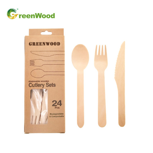 Wooden Tableware Eco-Friendly Disposable Wooden Cutlery Paper Box With Hanger -24pcs Set