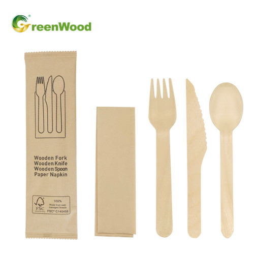 Wooden Tableware Set Disposable Wooden Cutlery Set For Food Catering Birch Material Cutlery Kit